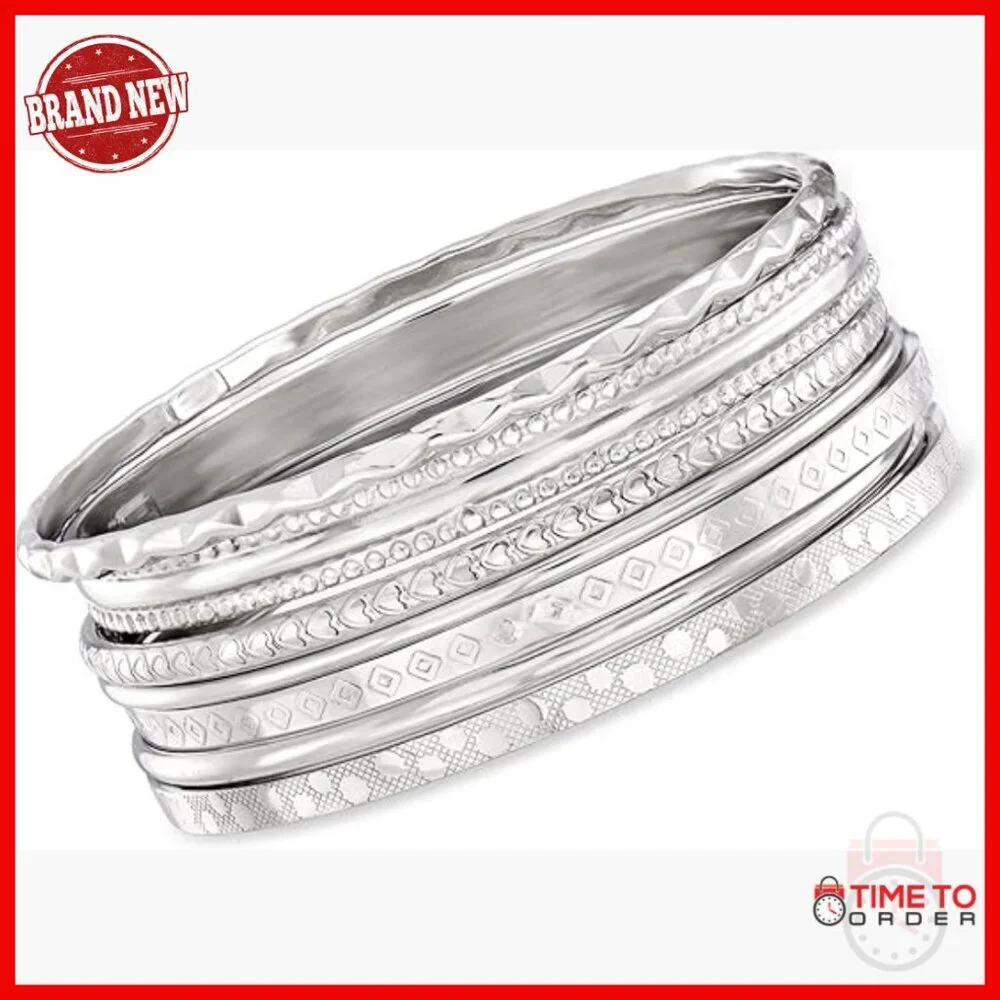 Sterling Silver Bangle Bracelet Set, 7 Textured Bangles, Clasp-Free